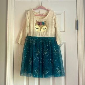 Toddler Girl Dress, Fox Cartoon Pattern,Cotton long sleeve,  tulle bottom,Size 5